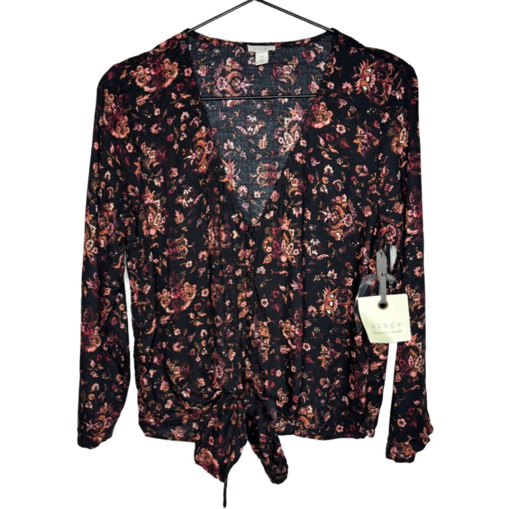 NWT Women's Floral Tie Front Blouse Top, Black Sz XS